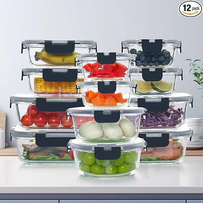 UMEIED 12 PACK Glass Food Storage Containers with Leak Proof Lids, Glass Airtight Meal Prep Containers Set for Lunch, On the Go, Leftover, Kitchen Pantry Organizers and Storage (Black)