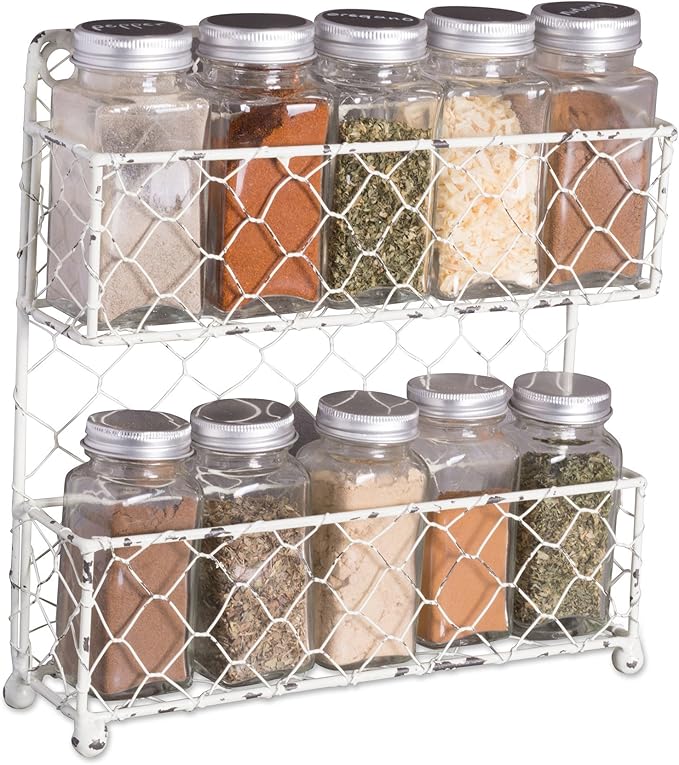 DII Farmhouse Vintage Decorative Metal Pantry Spice Rack Organizer, 9.45Lx2.3Wx10H, 2 Tier Spice Rack - White 12 Piece