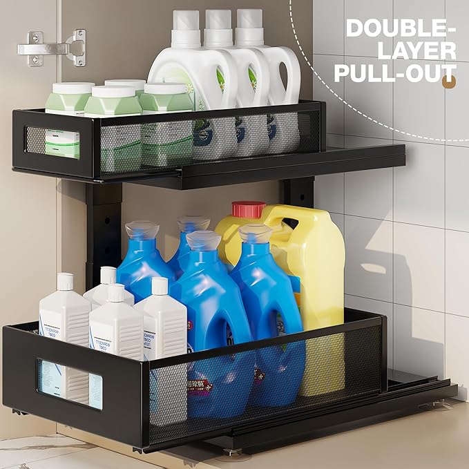 1 Pack 15.74IN-Depth Under Sink Organizer With Next-Gen Ball-Bearing Slides,2-Tier Pull Out Cabinet Storage,Height Adjustable Drawer Shelf for Bathroom,Kitchen,Laundry,Cabinet,Pantry-Black