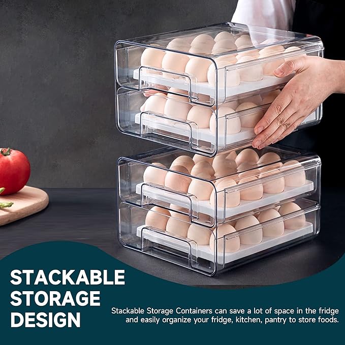 Large Capacity Egg Container for Refrigerator - 32 Eggs, Double Layer Drawer With Removable Tray, Stackable, BPA Free