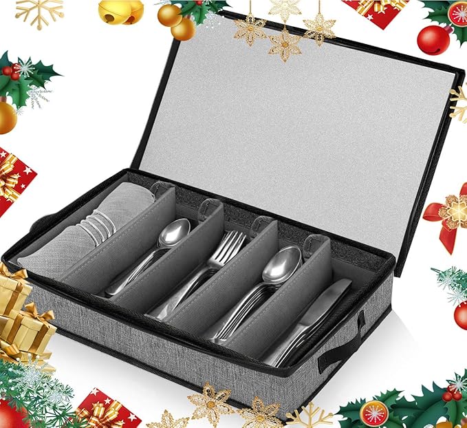 Silverware Organizer Chest,Silverware Storage Box,Stackable Flatware Storage Case,Spoon Organizer,Tableware Storage Box With 4 Dividers for Moving Transport,Kitchen Utensil cutlery Organizer