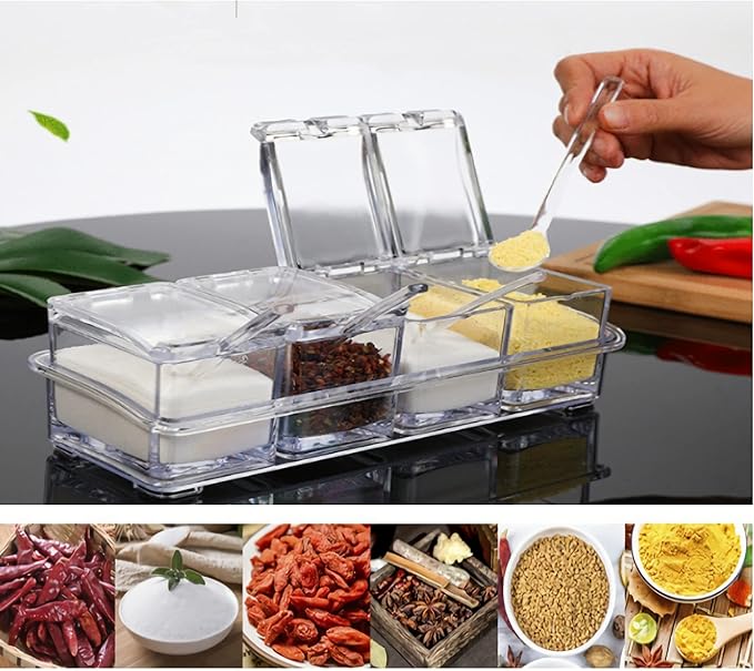 KNC Transparent Seasoning Rack Spice Pots, Storage Container Condiment Jars, 4 Piece Acrylic Seasoning Box with Cover and Spoon, Spice Rack Organizer for Kitchen, Counter, Food Storage