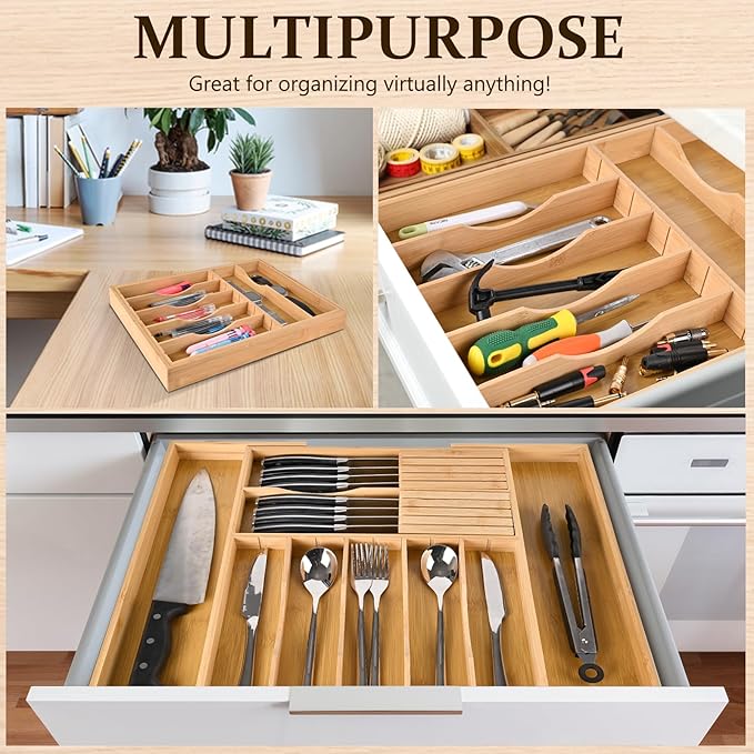 Silverware Organizer Expandable Bamboo Drawer Organizer with Non-Slip Stainless Steel Locking Clips, Kitchen Utensil Holder with Knife Block, Adjustable Cutlery Tray with Curved Grooves Dividers