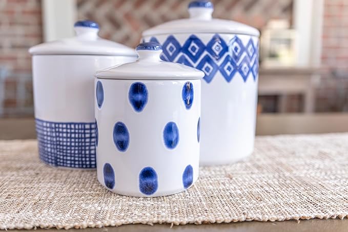Vietri Viva Santorini Diamond Large Canister Elegant Ceramic Earthenware Kitchen Storage Jar with Lid 7.5 Inch Blue White