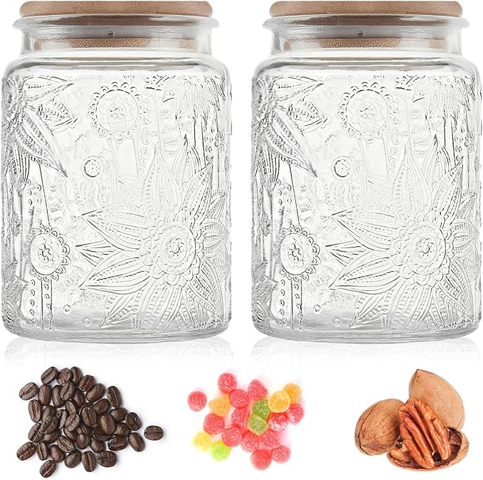 Vintage Glass Jar with Bamboo Lid, 23.7 fl oz - Airtight Decorative Food Storage Canisters for Kitchen Counter, Ideal for Candy, Sugar, Coffee, Tea,Cute Jar(Sunflower*1)