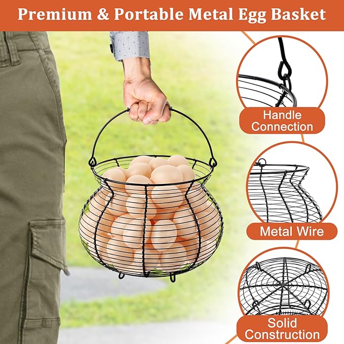 1 PCS Black Big Belly Wire Egg Baskets for Fresh Egg With Handle, Small Metal Egg Collecting Basket for Gathering Fresh Eggs, Chicken and Duck Eggs Hunting Basket Egg Holder Countertop