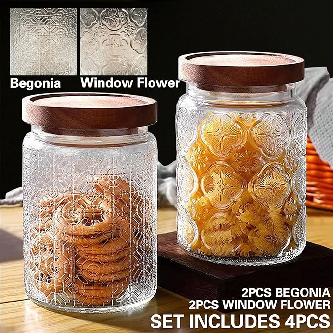 Glass Jar with Lid,4 PCS Airtight Glass Food Storage Container Set,Square Clear Glass Jars Wide Mouth Food Storage Canister with Wooden Lid for Sugar Coffee Beans Tea Spice Oats Snacks (450ML)