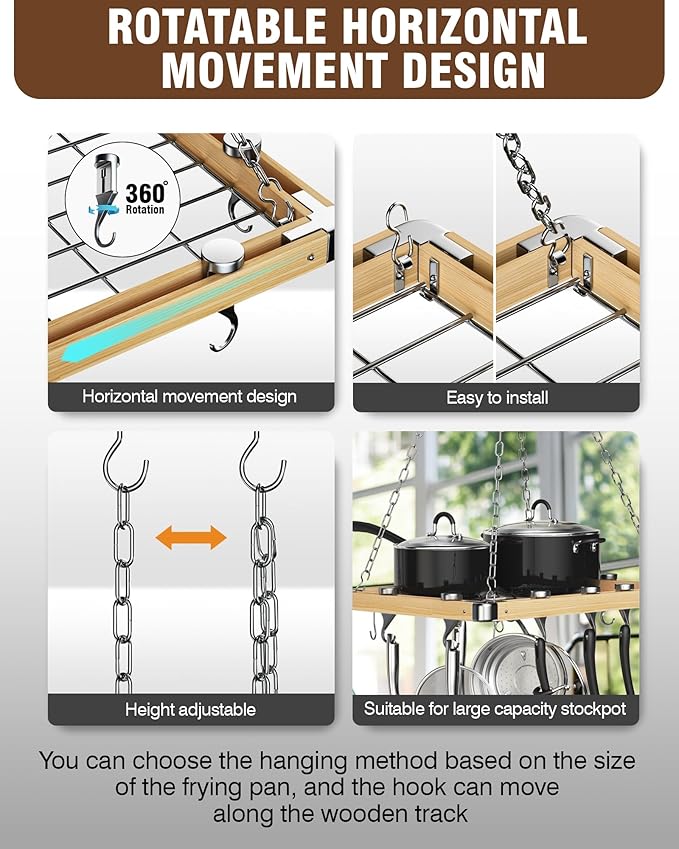 Cooks Standard Ceiling Mounted Wooden Pot Rack, 24-inch by 18-inch, Brown