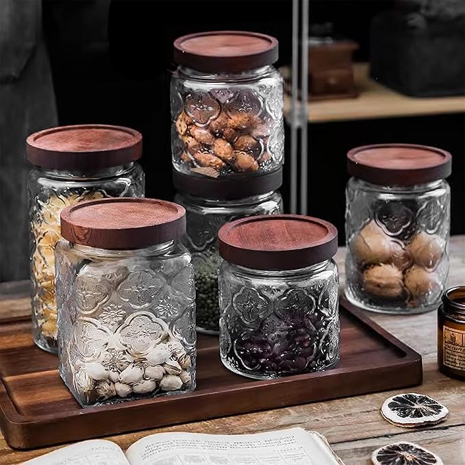 Glass Storage Jars With Airtight Lid, 23.7oz Container For Kitchen Counter with Wooden Lid, brown sugar, candy, coffee, cookie, salt, tea, cute Jar (Sunflower*2)