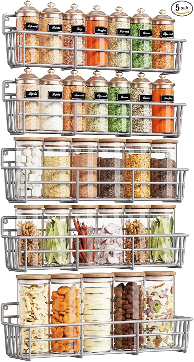 5 Pack Spice Rack Seasoning Organizer Wall Mount, Screw or Adhesive Hanging Shelf Basket Spice Organizer Shelf for Kitchen, Silver