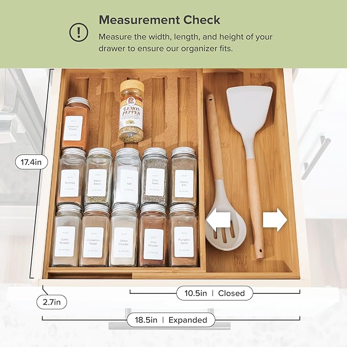 Spice Drawer Organizer with Expandable Storage. Holds up to 15 Spice Jars (Not Included), Non-Slip Feet, Kitchen Accessory Storage, 100% Sustainable Bamboo Wood