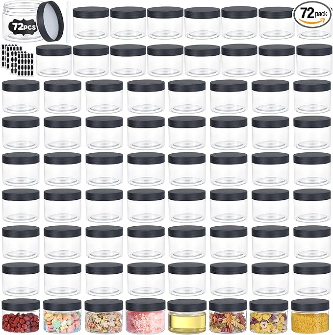 72pcs 4 oz Plastic Containers with Lids Pen Labels Leak Proof BPA Free Airtight Refillable Clear Small Containers Storage Jars for Storing Dry Food Makeup Slime Honey Jam,black