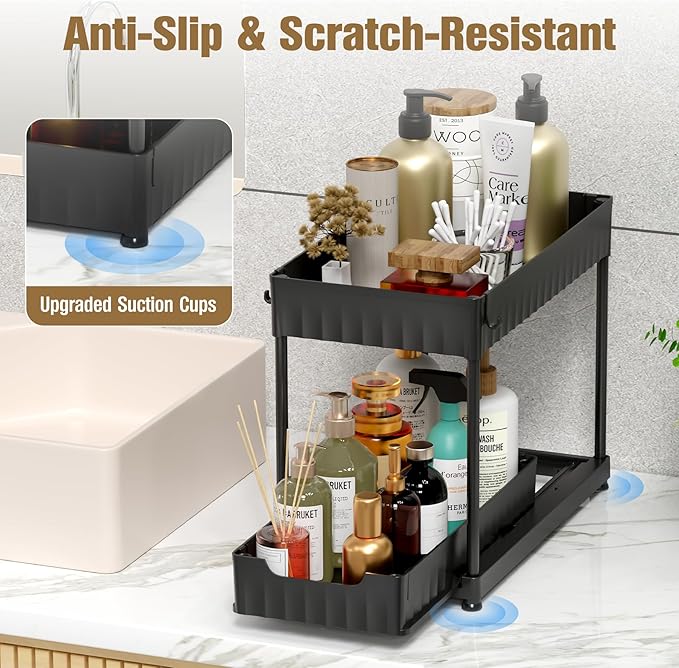 3 Pack Under Sink Organizers and Storage, Large Capacity Heavy Load Pull Out Cabinet Organizer with Hooks Hanging Cups, Multi-functional Storage Shelf for Kitchen Bathroom, Black
