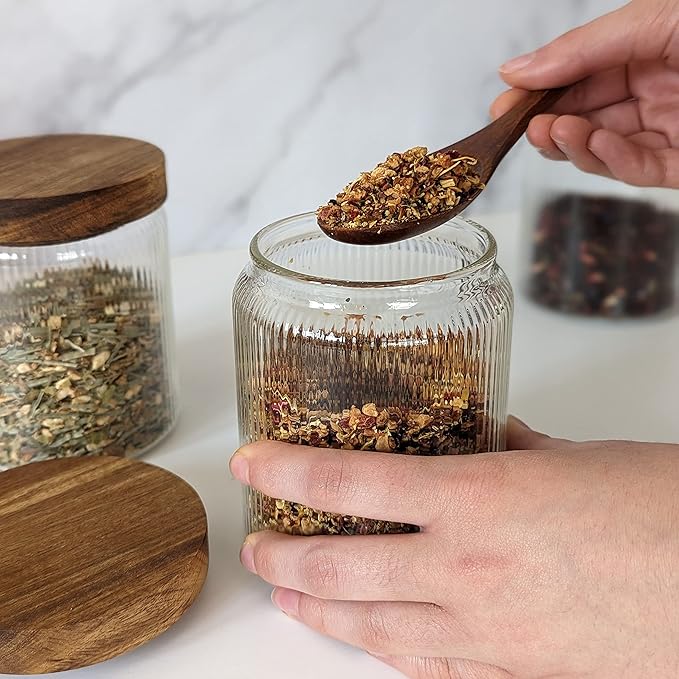 Mason & Fable Ribbed Glass Jar with Wooden Lid 17oz, Set of 3 | Airtight Fluted Storage Canisters for Food, Tea, Coffee, Candy/Spice | Organization Canisters for Home & Kitchen