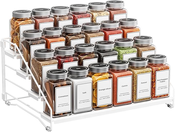 Tiered Spice Rack, 4 Tier Spice Shelf Organizer for Cabinet, Spice Rack Organizer, Depth Adjustable Seasoning Rack Organizer for Cabinet, Countertop, Pantry, Metal, White (1 Pack)