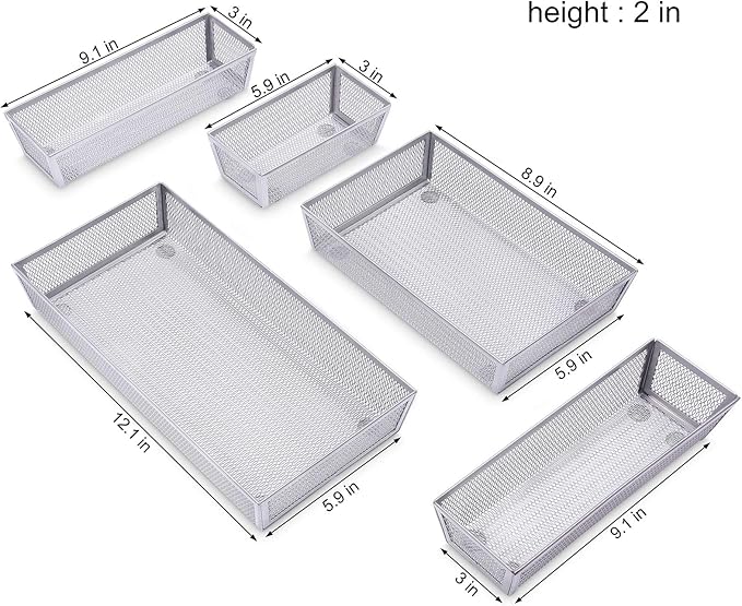 WuGeShop Mesh Silverware Tray Drawer Organizer, Kitchen Utensils Flatware Tray with Anti-slip Mats, Silverware Storage Cutlery Tray for Knives Fork Spoon (5 Separate Compartments, Silver)