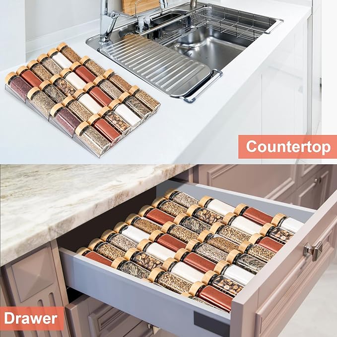 Acrylic Spice Drawer Organizer, 4 Tier- 4 Pack Clear Spice Rack Tray for Drawer/Countertop, Expandable From 11'' to 22'' Kitchen Seasoning Organizers(Jars Not Included)