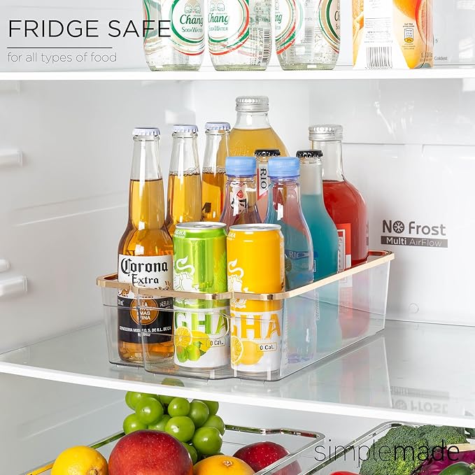 SIMPLEMADE Clear Refrigerator Organizer Bins - Clear Bins for Fridge, Containers for Fridge and Freezer, Multipurpose Storage for Kitchen, Office, Bathroom, Gold Rim (8" x 12")