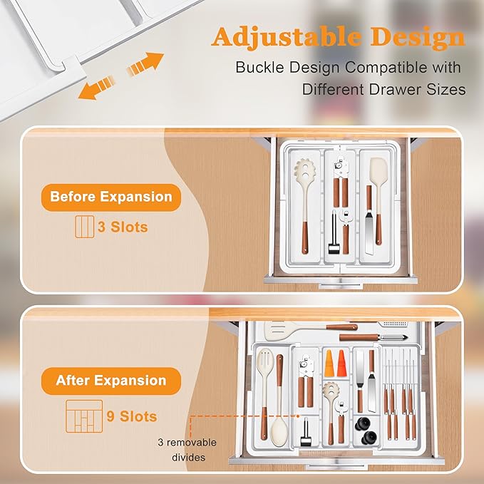 Kitchen Drawer Organizer Large Expandable Silverware Organizer, Utensil Holder and Flatware Tray, Kitchen Spatula Tools and Gadgets Storage with Removable Knife Blocks and 3 Dividers, White