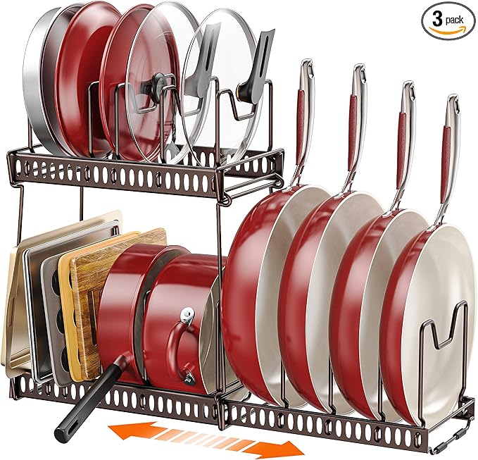 3 Pack Expandable Pan Organizer for Cabinet,Pot Lid Holder Rack with 14 Adjustable Compartment for Kitchen Cabinet Cookware Baking Frying Rack (Bronze)