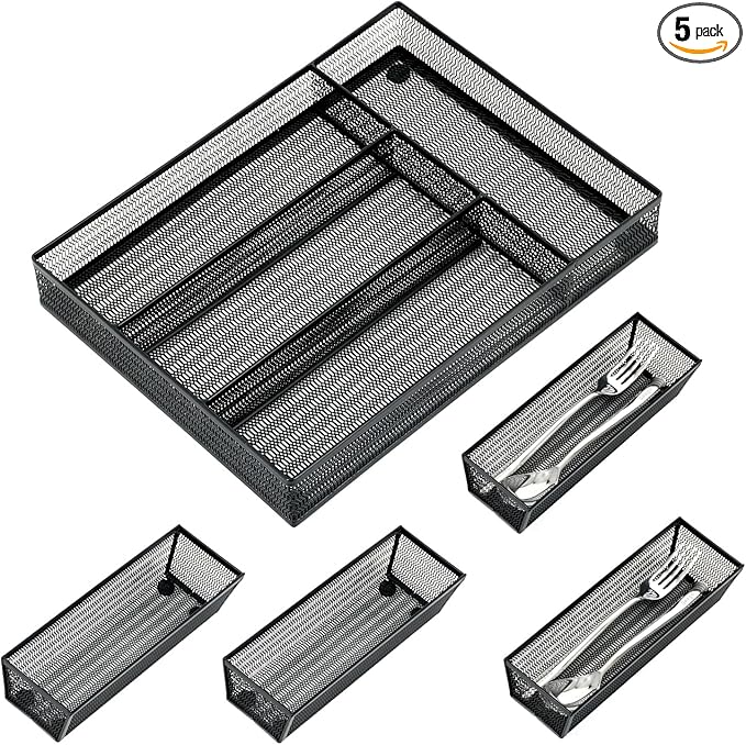 Drawer Organizer Set 5 Pack - 4-Compartment Silverware Organizer Tray + 4 Utensil Trays, Kitchen Drawer Organizer for Flatware, Cutlery, Office Supplies, Black Mesh, Non-Slip.