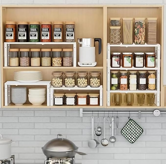Expandable Spice Rack Organizion for Kitchen Cabinet, Seasoning,Bathroom Organizer Display Shelf, Stackable Multi-Purpose Shelves.Easy-to-Install(1Pack/White,Medium