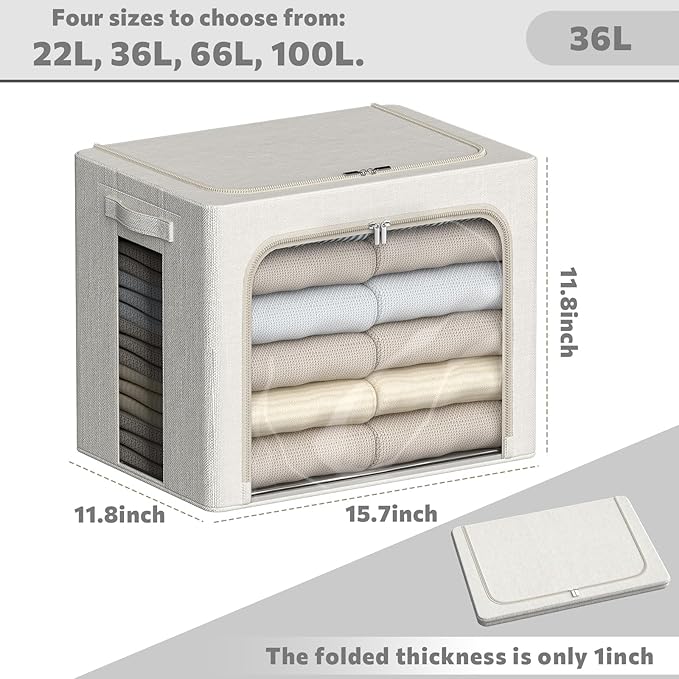 2 Pack Clear Window Storage Bins Large Stackable Linen Fabric Storage for Clothes Foldable Container Organizer Set with Carrying Handles (Lvory White, 15.7x 11.8x 11.7Inch)