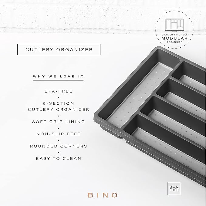 BINO | 5-Slot Silverware Organizer | Small - Grey Cutlery Tray Organizer | Silverware Storage for Drawer | BPA-Free Plastic Organizers with Soft-Grip Lining and Rounded Corners | Utensil Organizer