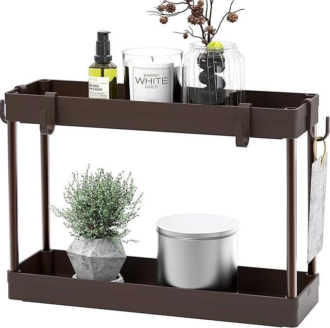 Simple Houseware 2-Tier Under Sink Organizer Storage Tray with Hooks, Brown