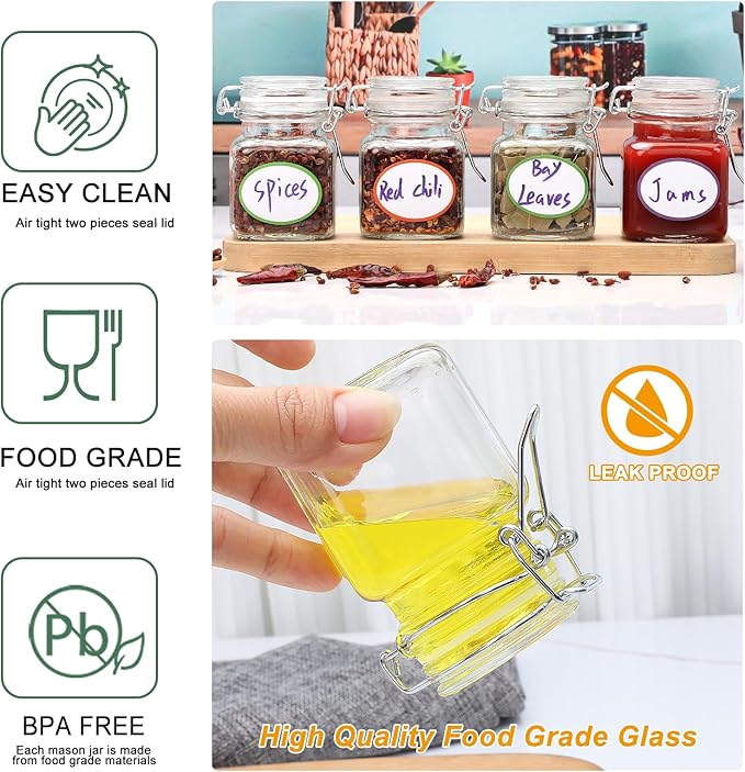 Brajttt 4 oz Spice Jars with Labels,25 Pack Small Glass Jars with Lids,Small Glass Containers with Airtight Hinged Lid for Home Kitchen, Arts & Crafts Projects, Spices, Decoration, Snack Foods