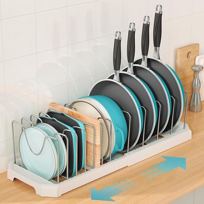 Pots and Pans Organizer for under Cabinet, Expandable Pan Pot Organizers inside Cabinet, Heavy Duty Pot Rack for kitchen organizers and storage Holder with 12 adjustable compartment White
