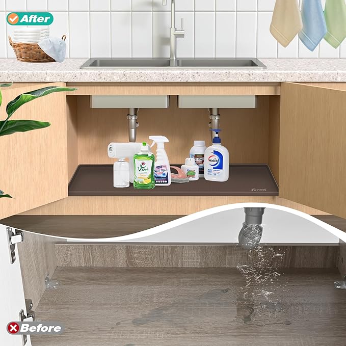 Waterproof Under Sink Mat 31" x 22", Silicone Cabinet Liner, Rubber Protector for Kitchen and Bathroom, Keeps Cabinets Clean, Dry, and Organized (Brown)