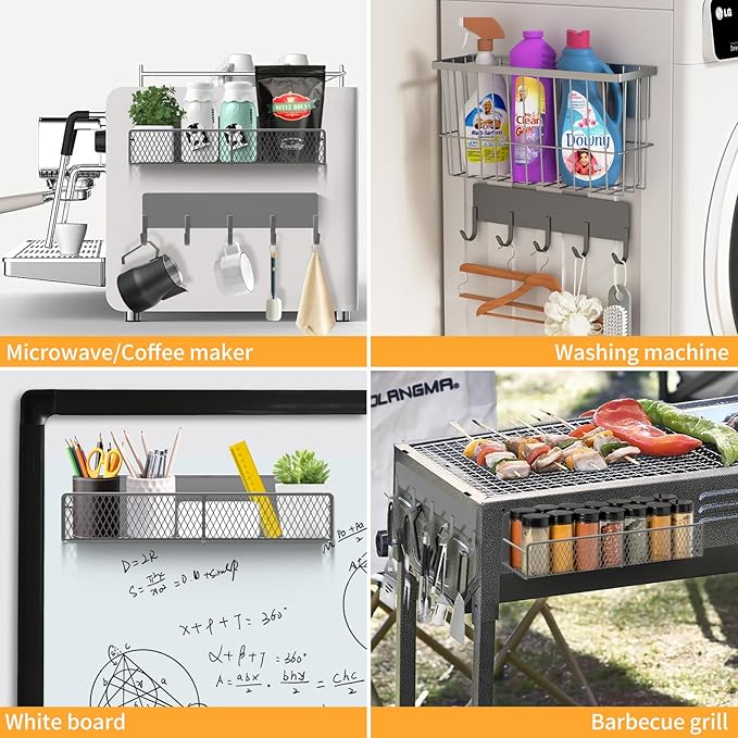 Magnetic Spice Rack for Refrigerator, 7 Pack 100% Metal Strong Magnet Shelf, Spice Organizer W/ Paper Towel Holder, Hook Rack, Utensil Caddy & Cutting Board Holder, Home Kitchen Organization (Grey)