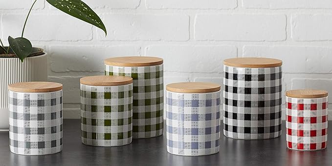 DII Ceramic Canister Sets for the Kitchen Food Safe Storage Containers with Lids, Large, Medium & Small, Buffalo Check, Black & White, 3 Count