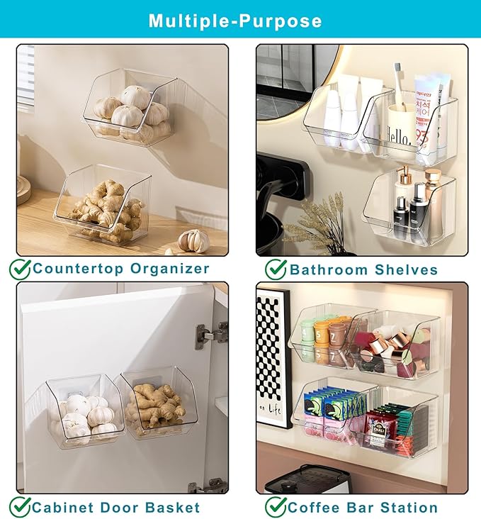 3-Pack Small Clear Storage Baskets, Adhesive Spice Rack Wall Mount for Countertop/Cabinet/Bathroom, Plastic Storage Bins Kitchen Wall Organizer and Storage Shelves, Spice Organizer