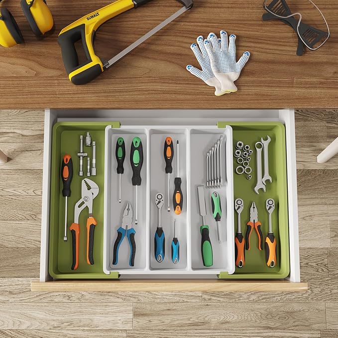 Lifewit Utensil Organizer for Kitchen Drawers, Expandable Cooking Utensil Tray, Adjustable Cutlery Silverware Flatware Holder, Plastic Spatula Tools and Gadgets Storage Divider, Large, Green&White