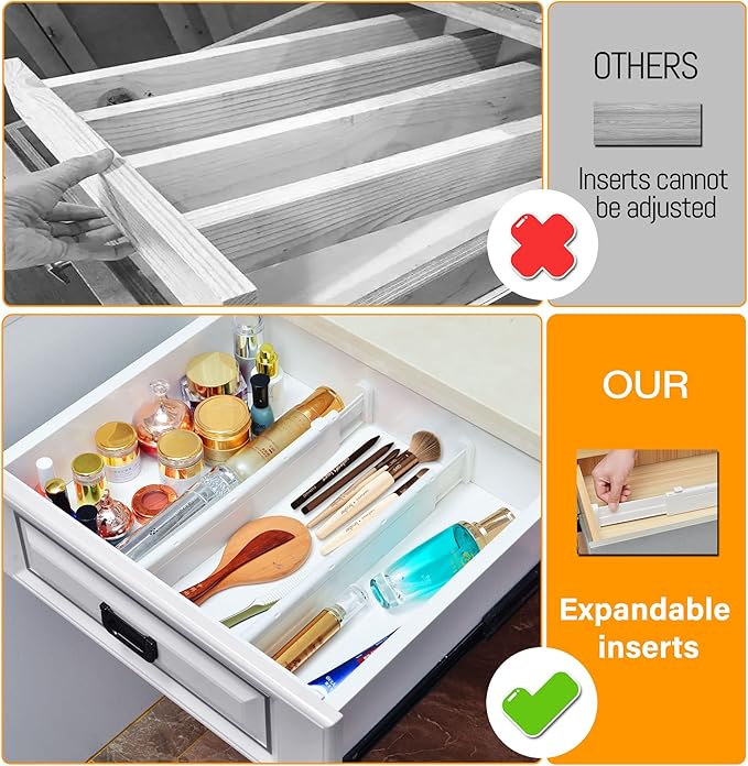 HiYZ Expandable Drawer Dividers, Large Kitchen Utensils Drawer Divider, 2.36" High Adjustable Drawer Organizers Separators for Clothing,Kitchen Utensils,Tools,3 Long Dividers(12.6"-22.8"), White