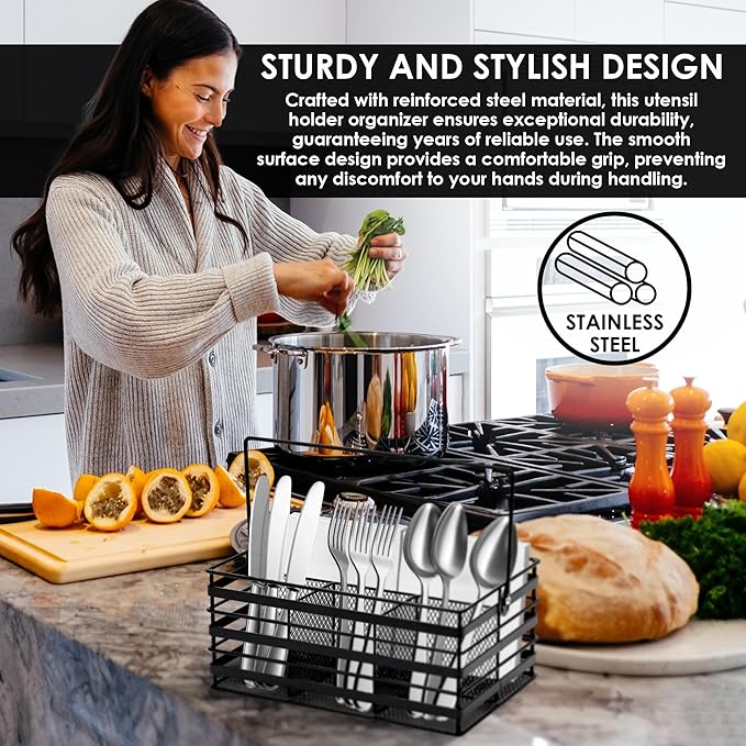 Stainless Steel Utensil Basket,Dishwasher , Flatware Basket, Kitchen, Countertop, Office, Camping, Outdoors, and Restaurants, 4-Compartment, Black