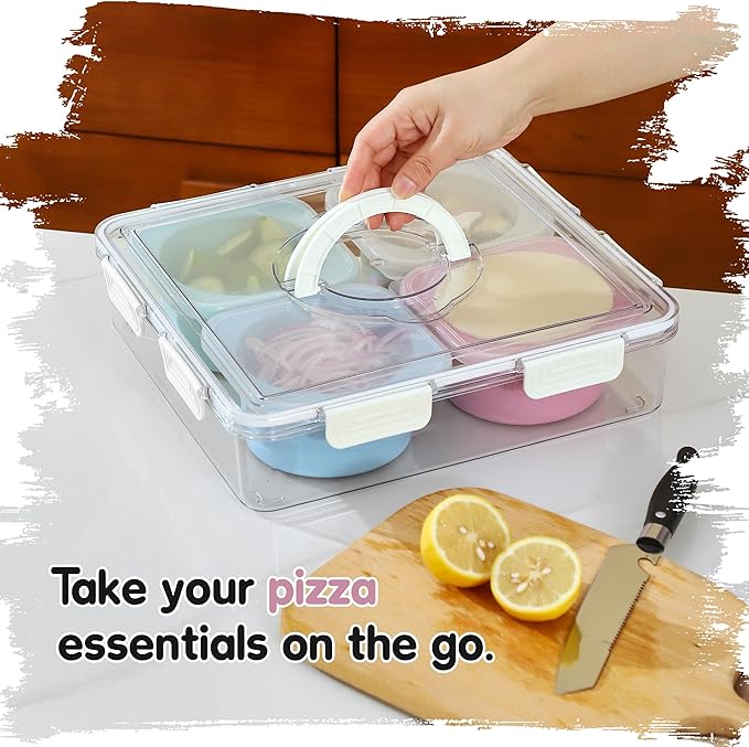 500ml Pizza Dough Proofing Containers for DIY family Artisan Pizza, Food Grade Silicone Stackable Boxes with Lids-4 Pack (Four-color containers with carry-on tray)