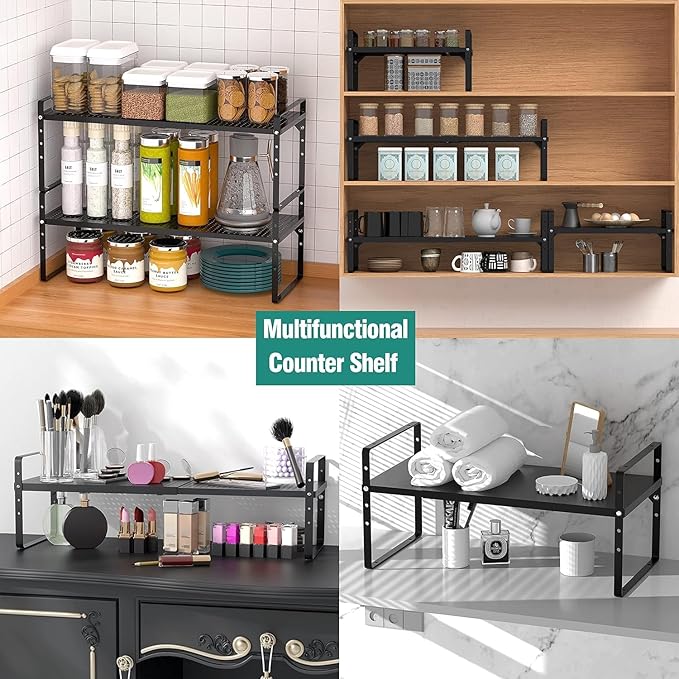 Expandable Cabinet Shelf Organizer Rack, Stackable Kitchen Counter Storage Shelves Stand, Adjustable Height Pantry Shelf Spice Rack, Heavy Duty Nonslip Black Small 3Pack