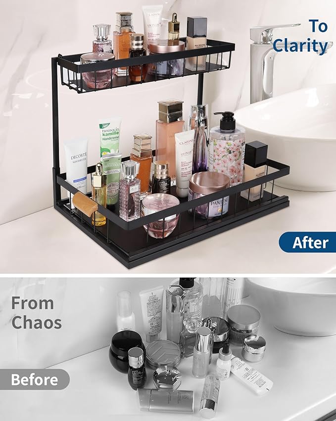 2 Pack Under Sink Organizer,Metal Pull Out Kitchen Cabinet Organizer with Sliding Drawer,Sturdy Multi-Functional for Bathroom Kitchen Organization,Black