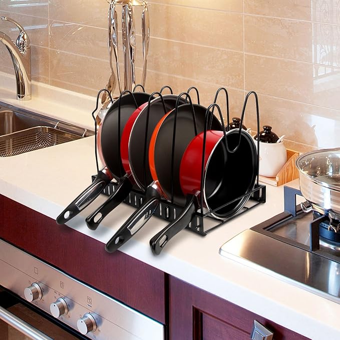 Vdomus Adjustable Pots and Pans Rack for Kitchen - Height Adjustable Rack - Kitchen Cookware Storage - Cabinet and Pantry Pan and Pot Lid Holder Organizer - Black Metal (Black) - 8.3"D x 15"W x 10"H