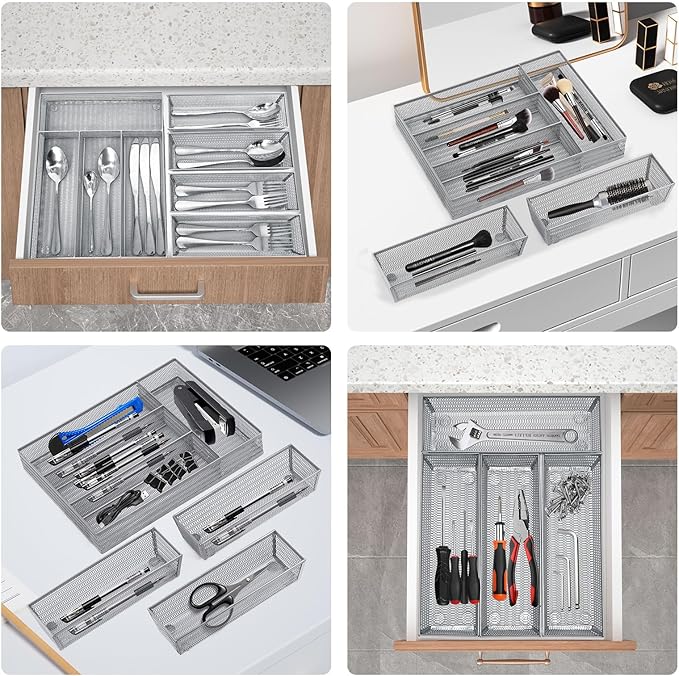 Drawer Organizer Set 5 Pack - 4-Compartment Silverware Organizer Tray + 4 Utensil Trays, Kitchen Drawer Organizer for Flatware, Cutlery, Office Supplies, Silver Mesh, Non-Slip