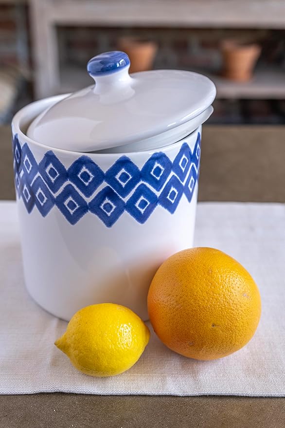 Vietri Viva Santorini Diamond Large Canister Elegant Ceramic Earthenware Kitchen Storage Jar with Lid 7.5 Inch Blue White