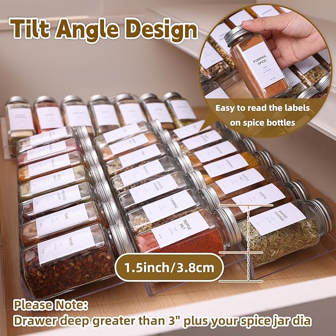 Acrylic Spice Drawer Organizer, 4 Tier- 2 Set Spice Rack Organizer for Cabinet Expandable From 13" to 26", Kitchen Seasoning Jars Drawers Insert Tray (Jars not included)