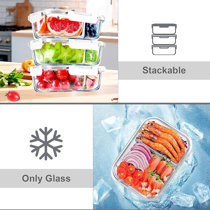 VERONES 5 Pack Glass Meal Prep Containers 2 Compartment Set, 36OZ Airtight Glass Lunch Containers, Food Storage Containers with Lids, for Microwave, Oven, Freezer & Dishwasher Friendly,White