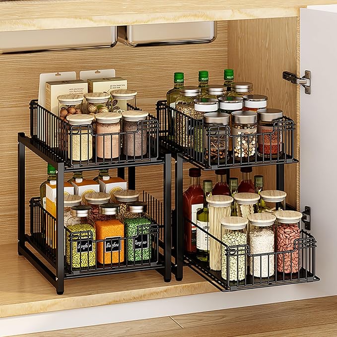 Under Sink Organizer, 2-Tier Pull Out Cabinet Organizer, Kitchen Bathroom Organizer and Storage, Spice Rack for Kitchen, Multi-use Sliding Drawers Shelves, Pack of 2