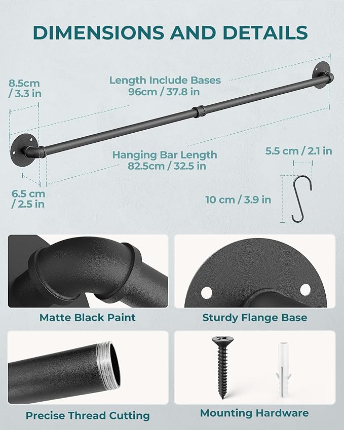 OROPY 38 inch Pot Bar Rack Wall Mounted Detachable Pans Hanging Rail Kitchen Lids Utensils Hanger with 14 S Hooks Black