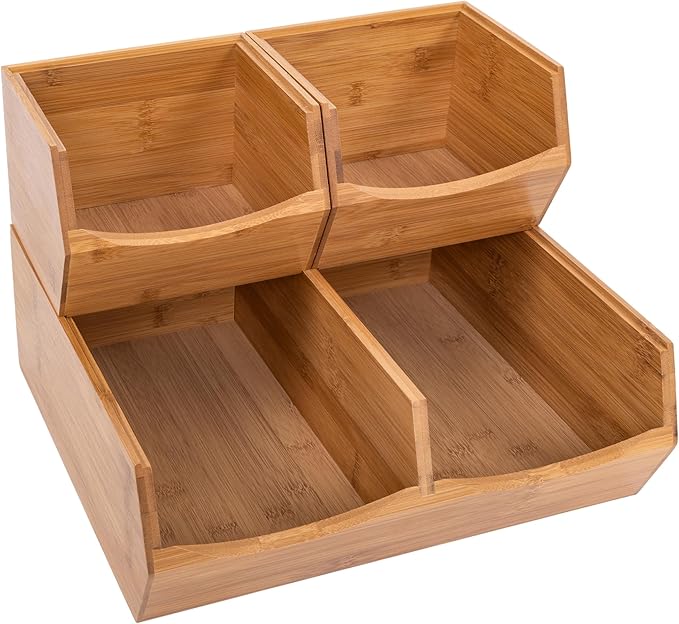 Seville Classics Bamboo Premium Organizer Storage Bins for Kitchen Silverware, Pantry, Closet, Office Desk, Pens, Utensils, Makeup, K Cup, Bamboo, Stackable Bin Set (3 Piece)
