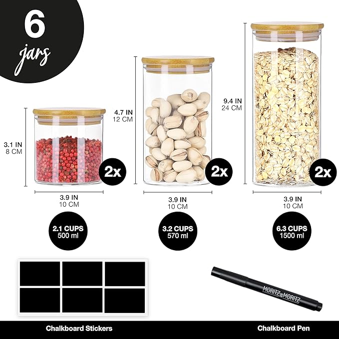 Moritz & Moritz Glass Food Storage Jars with Lids 6 Pack – Airtight Food Storage Containers for Pantry – Kitchen Organizers – Flour Sugar Containers with Labels and Chalk Pen